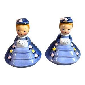 Vintage PY Japan Blue Bonnet Girls Muffs  Salt & Pepper Shakers Set Blue Dress